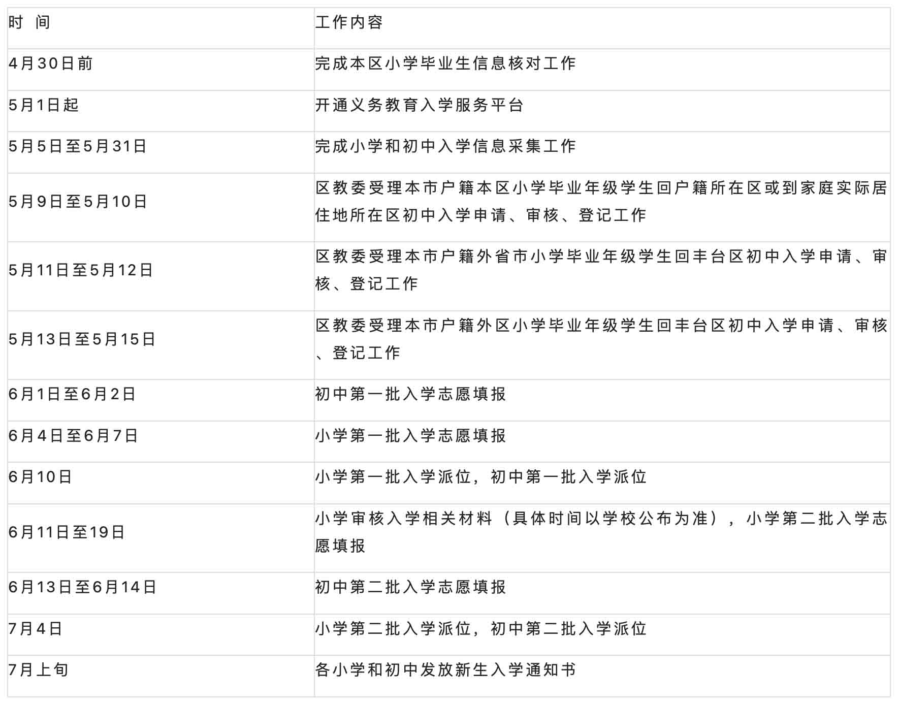 豐臺(tái)區(qū)入學(xué)時(shí)間表