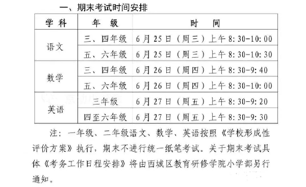 西城區(qū)小學(xué)考試時間安排